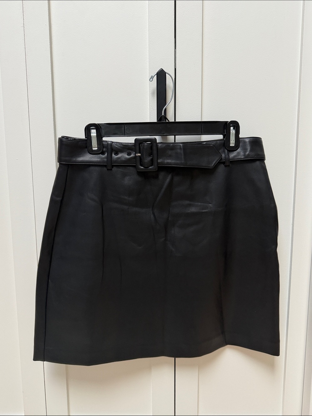 LOFT Black Faux Leather Belted Mini Skirt with Square Buckle